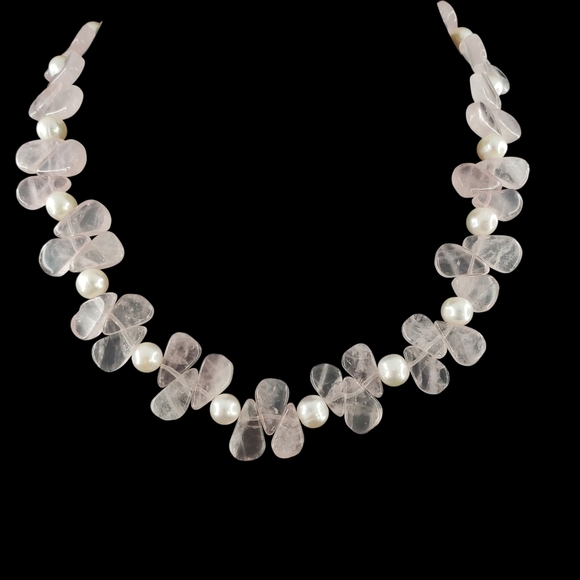 Vintage Jewelry - Pink quartz necklace gemstones real pearls sterling silver 925  A0322 -Q1